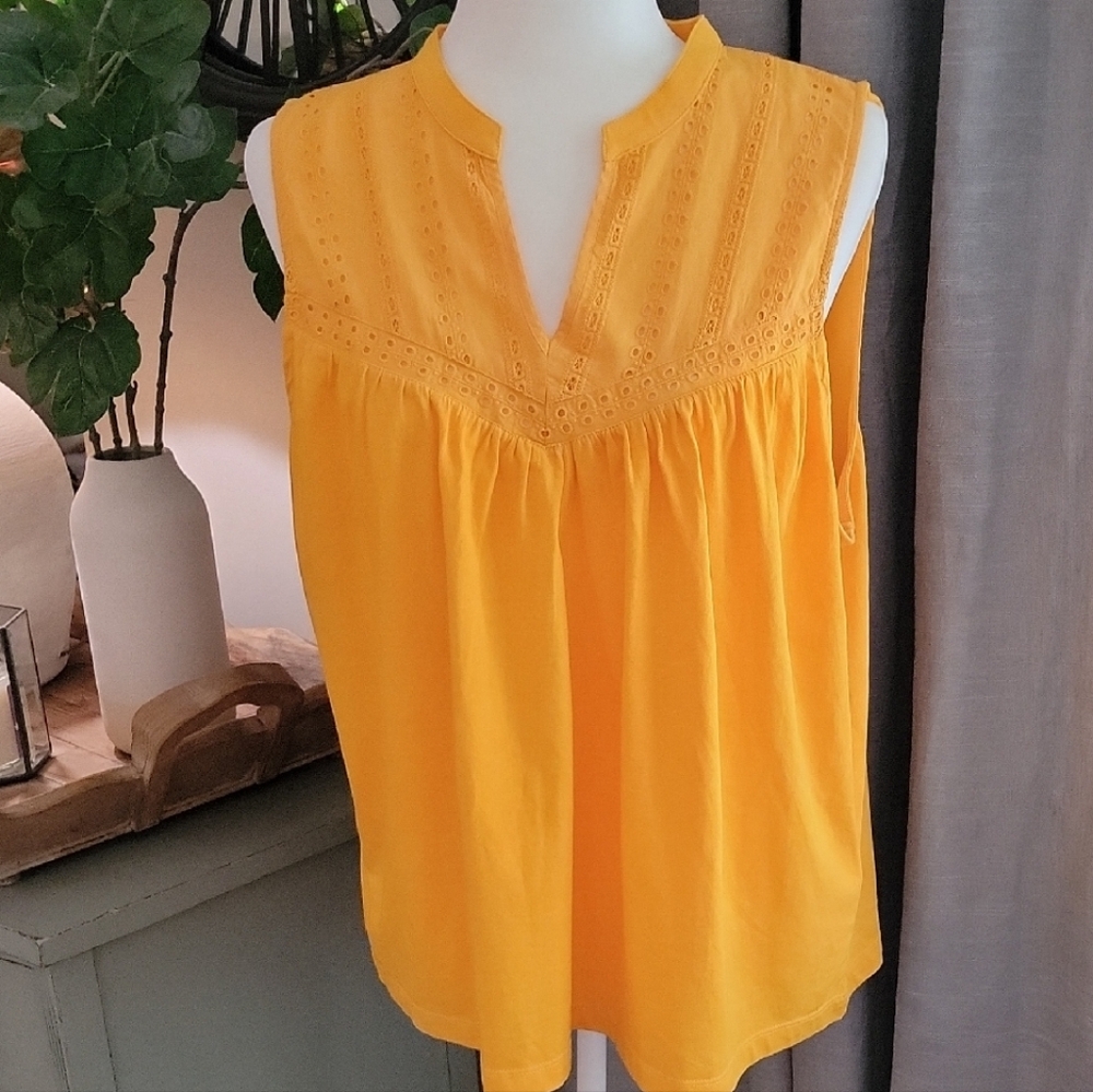 J. Crew Yellow Ruched Sleeveless Blouse with Mandarin Collar